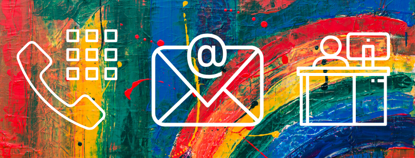 A phone icon, email icon and desk icon over a rainbow background